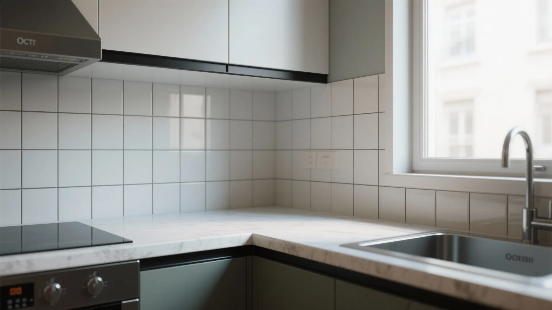 Painted countertop with integrated backsplash and dark contrast trim showing sealed joint detail