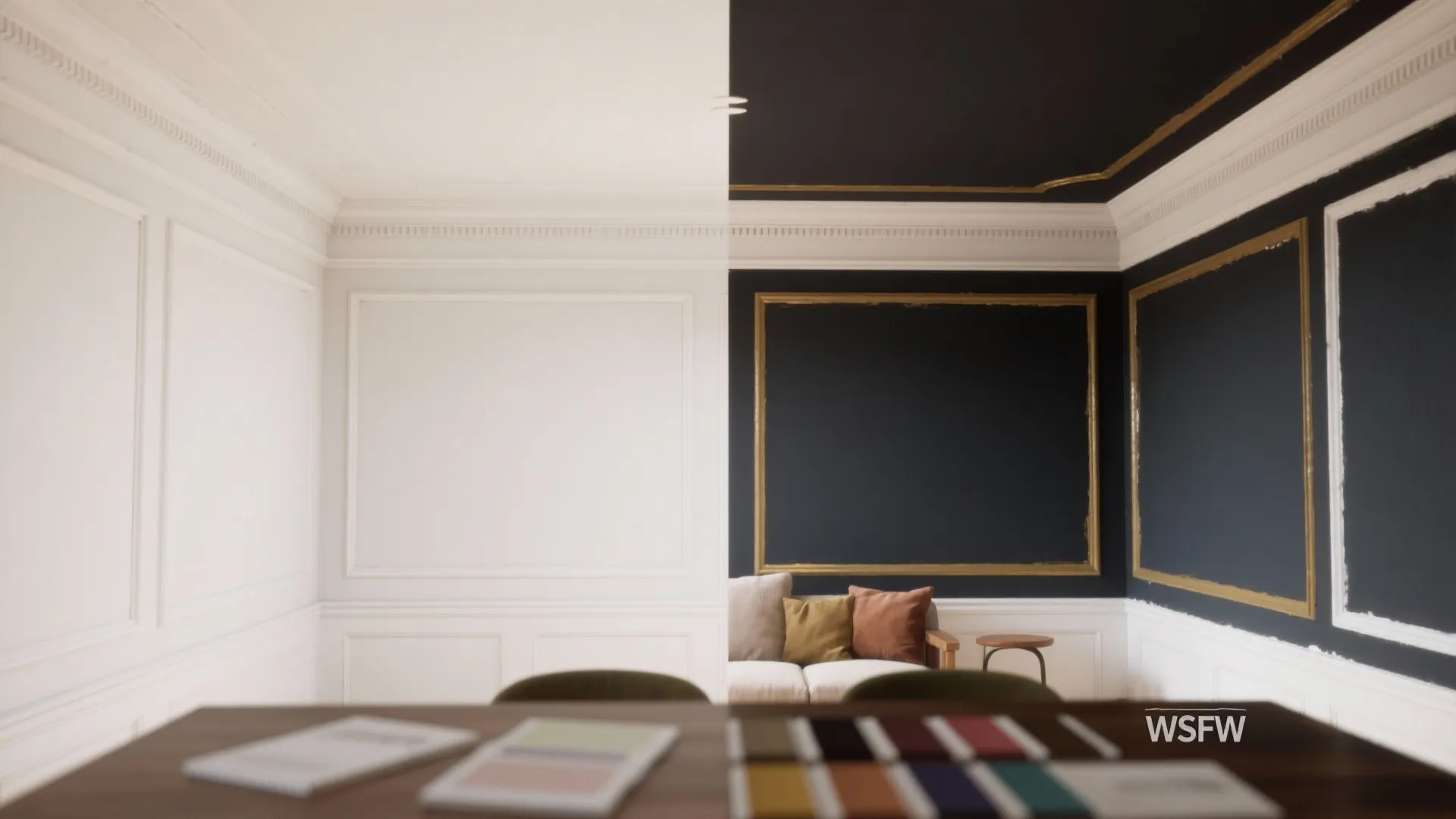 Before and after comparison showing a white room layout versus a dark blue wall design