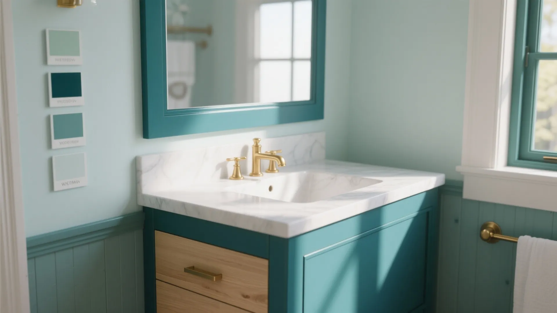 Close up of a marble sink with gold faucet and green cabinet with wall panels