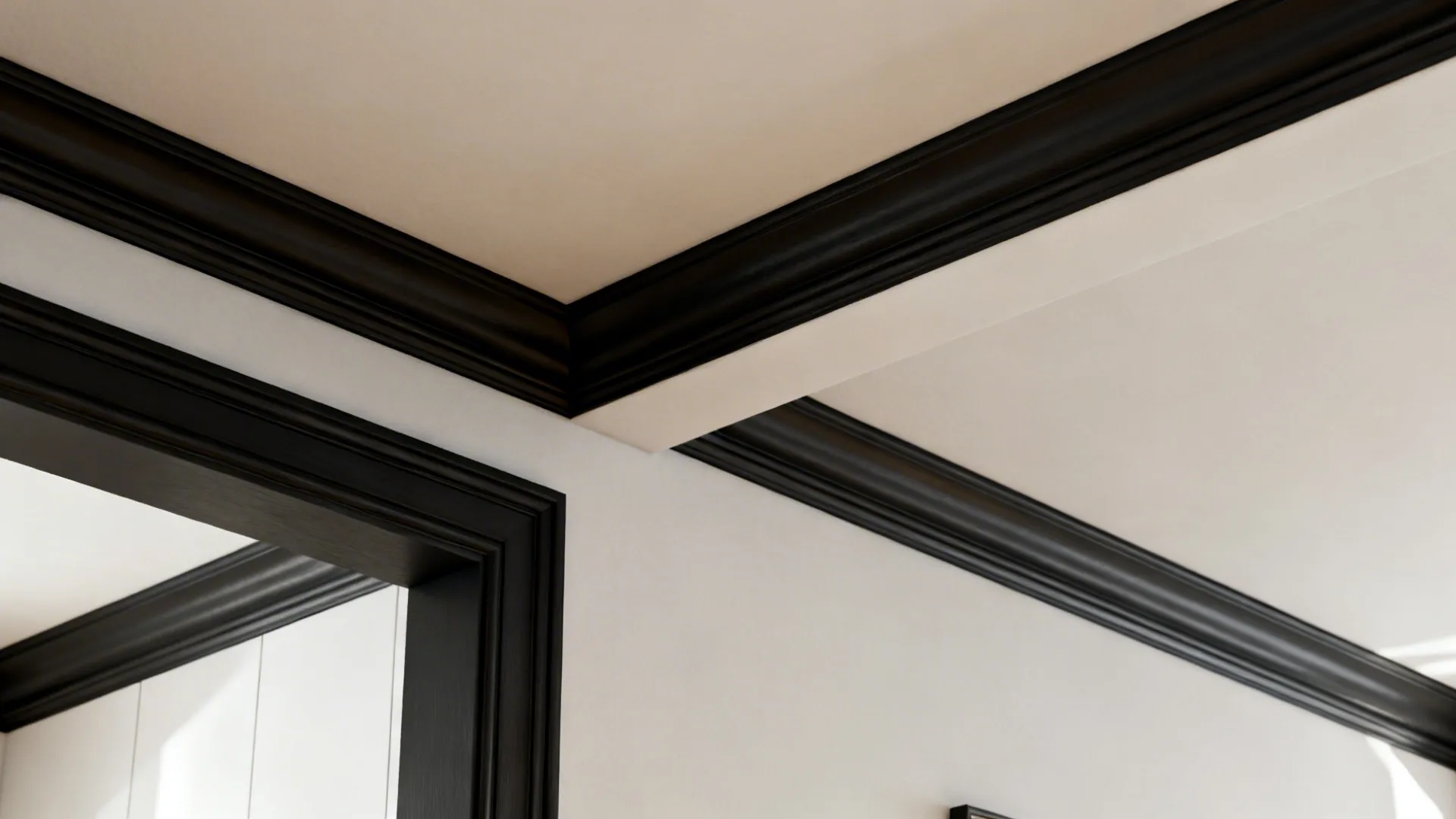 Close-up of darker trim against lighter wall in a dining room highlighting architectural depth