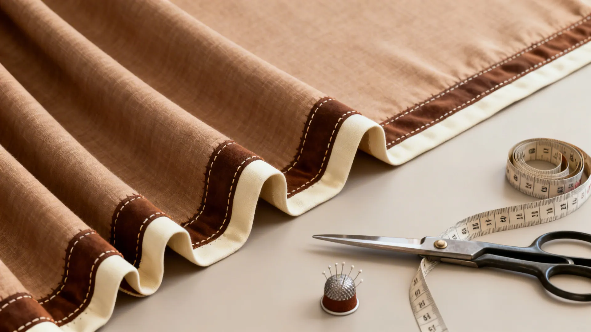 Flatlay of light brown curtain edge samples with darker brown and cream trim and sewing tools