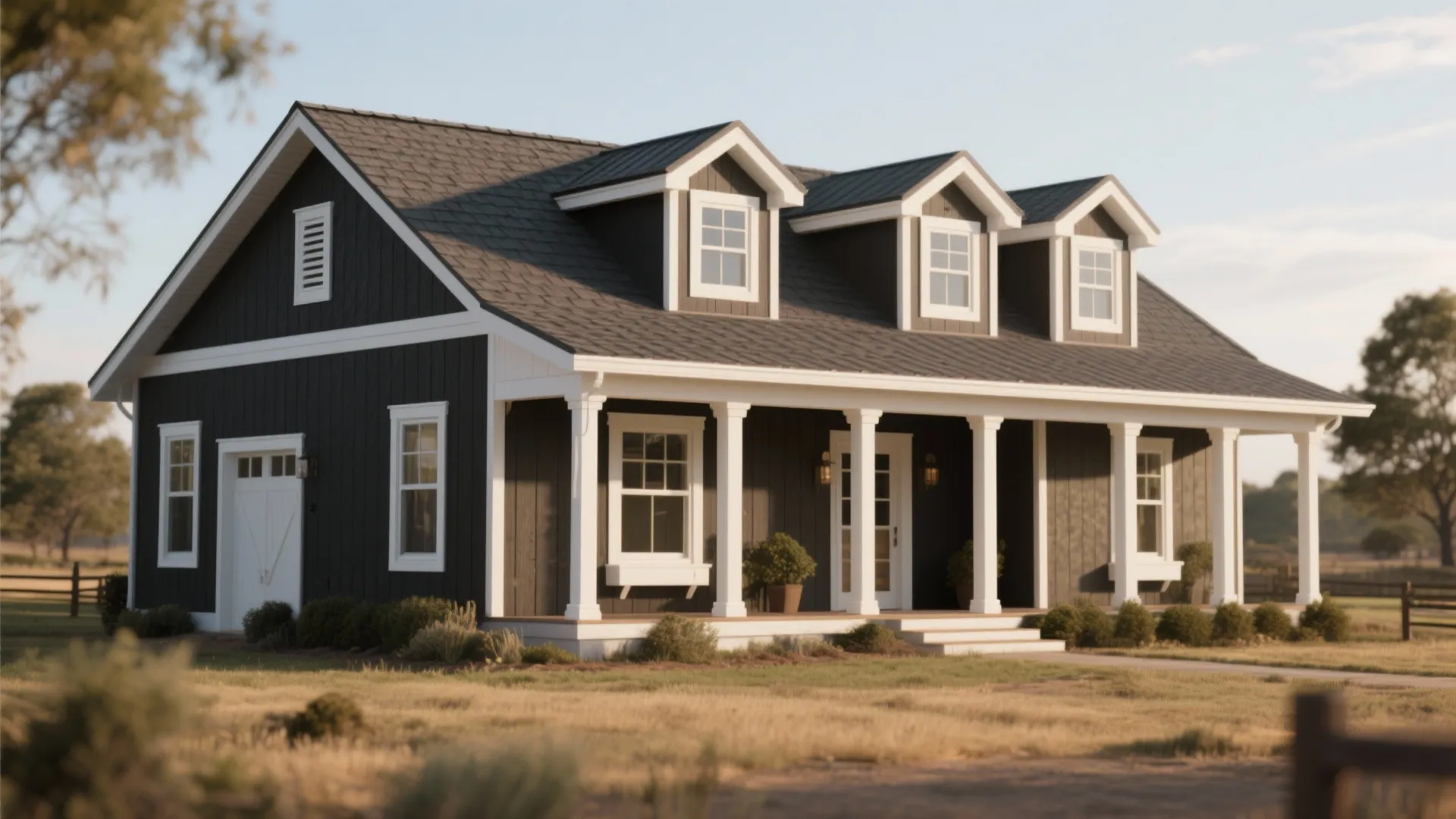 Modern farmhouse with black siding white window trim front porch pillars and three roof windows design
