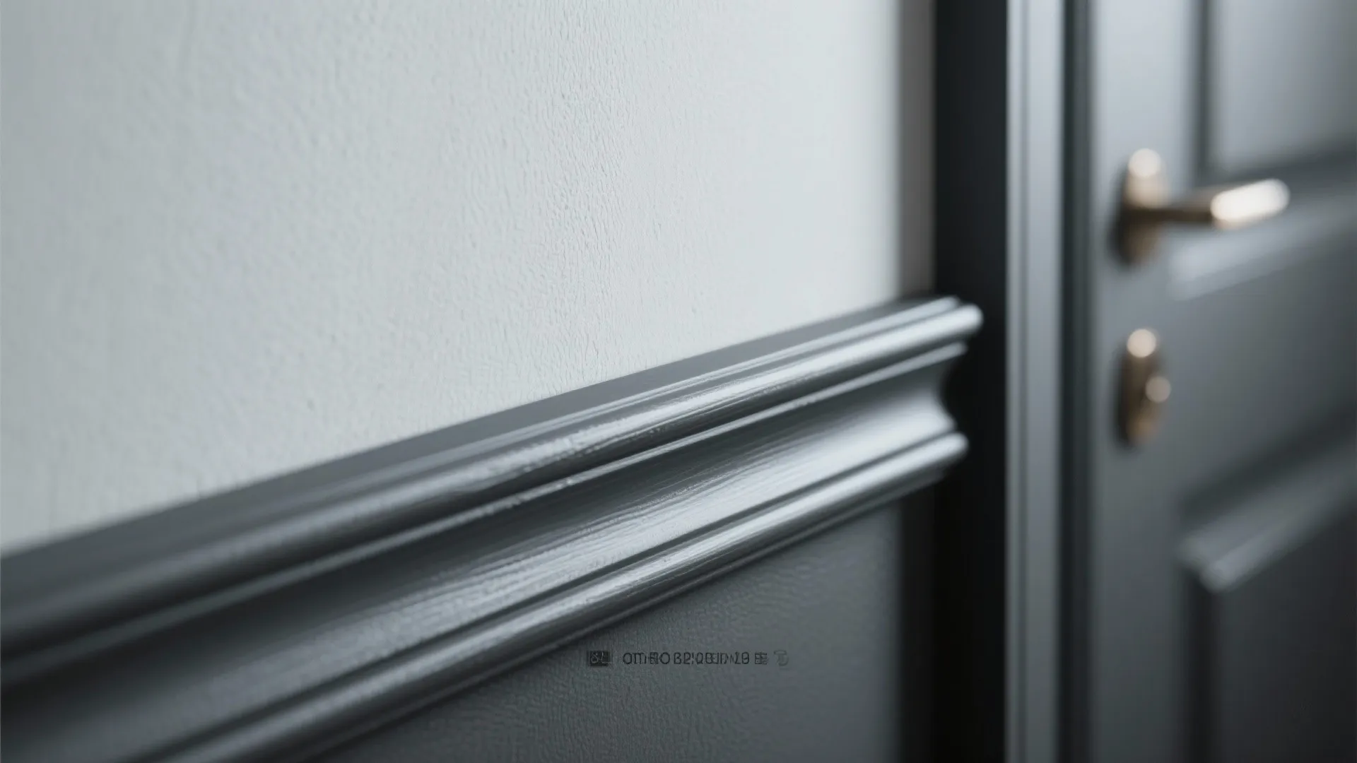 Close up of dark grey wall panel trim on white wall next to a door