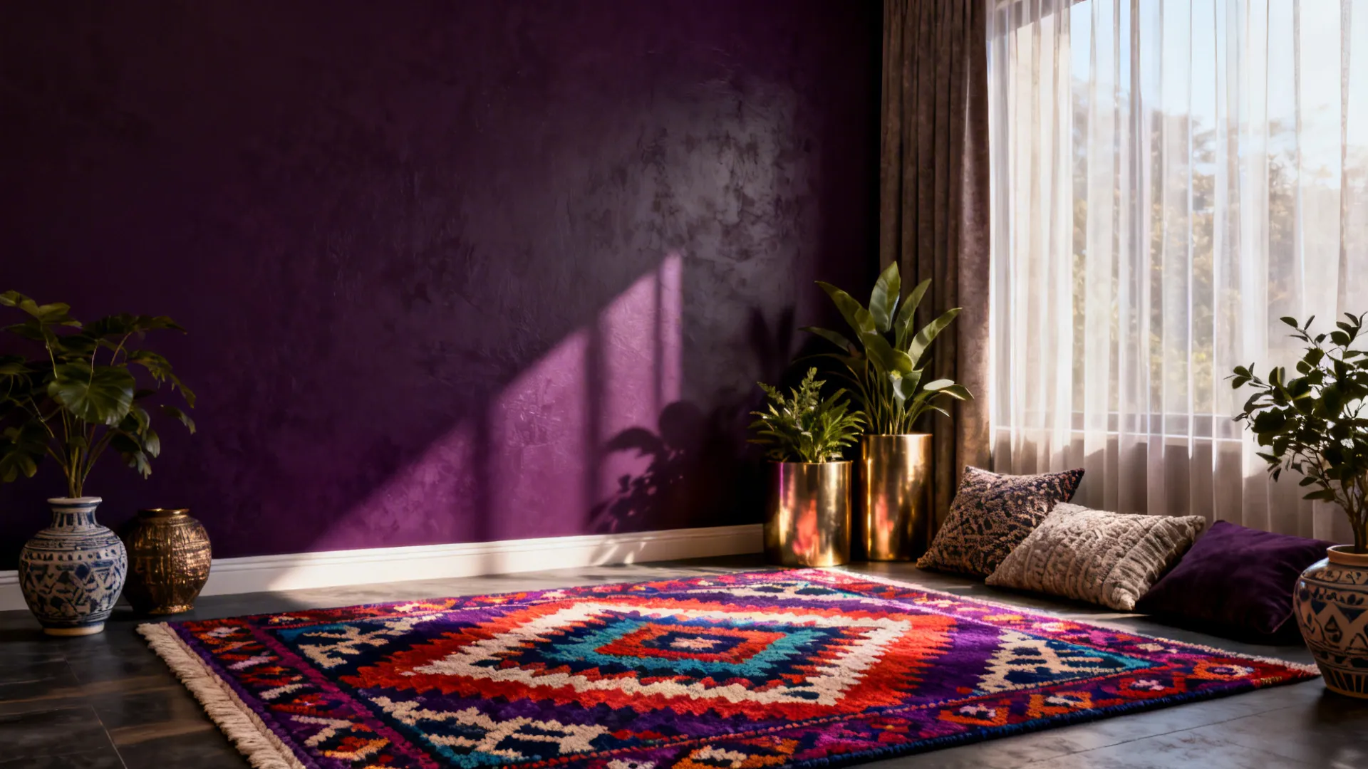 Small living room with a deep accent wall paired with a bold 6 x 9 rug for dramatic contrast.
