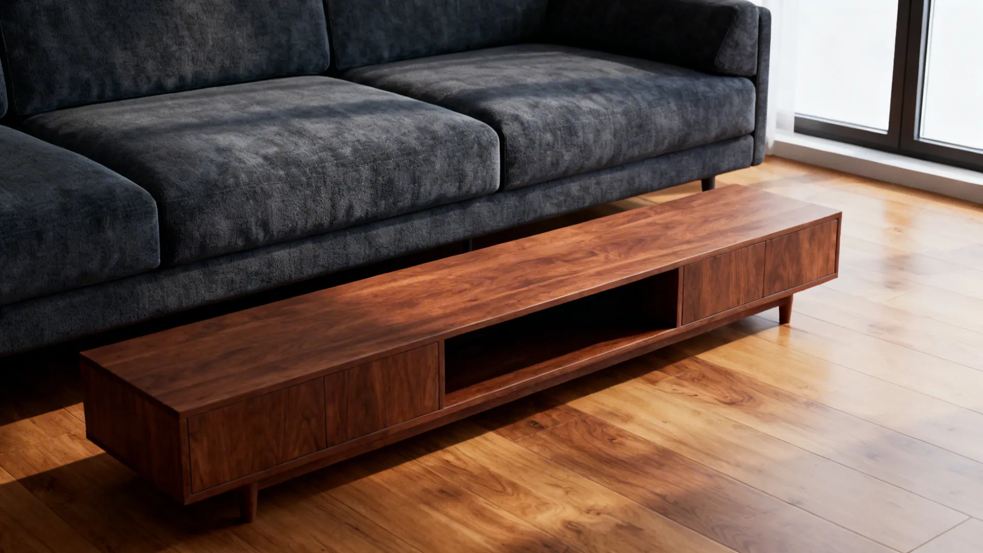 Dark grey sofa contrasted with warm oak floors and a walnut media console.