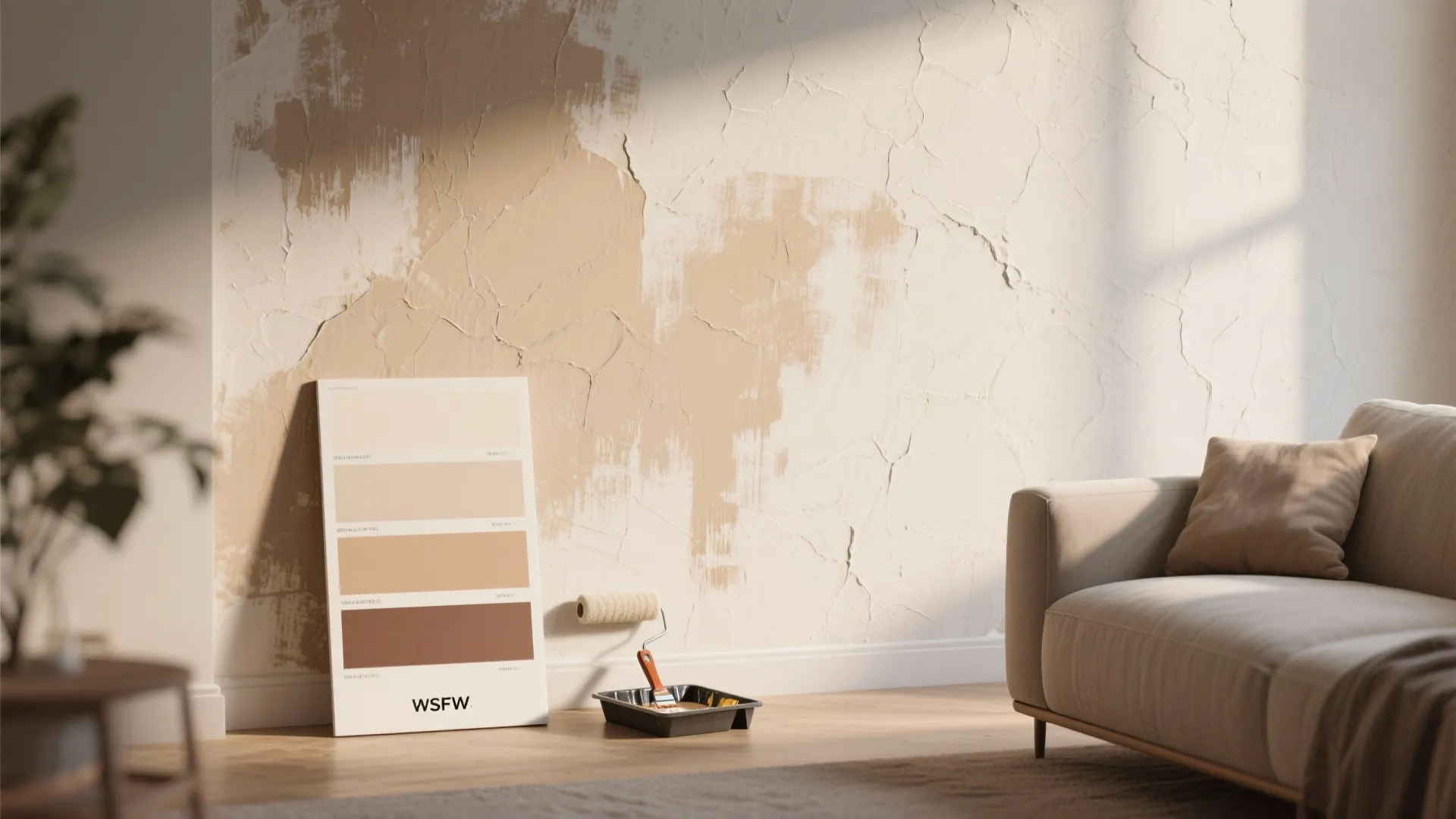 Interior wall with beige paint patches next to color swatch card paint roller and sofa