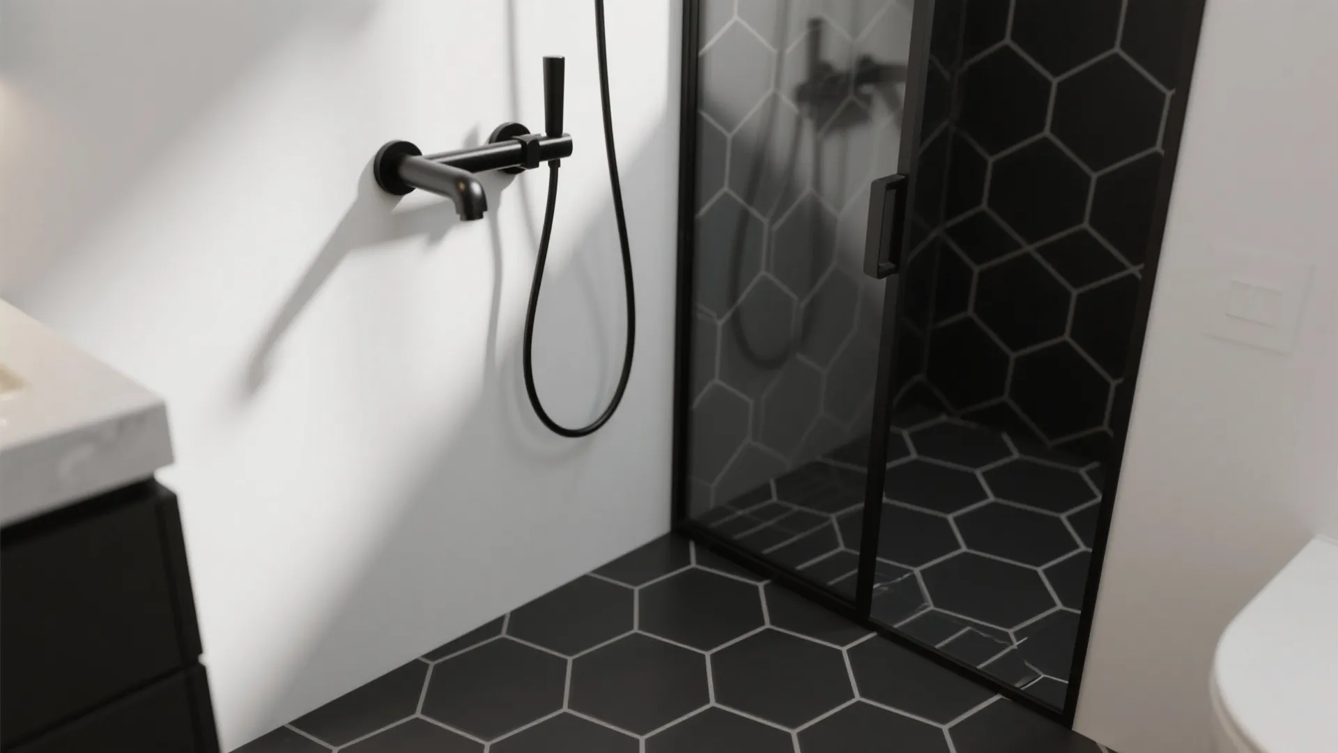 Bathroom corner showing white walls, matte black fixtures and black hex floor with light grout
