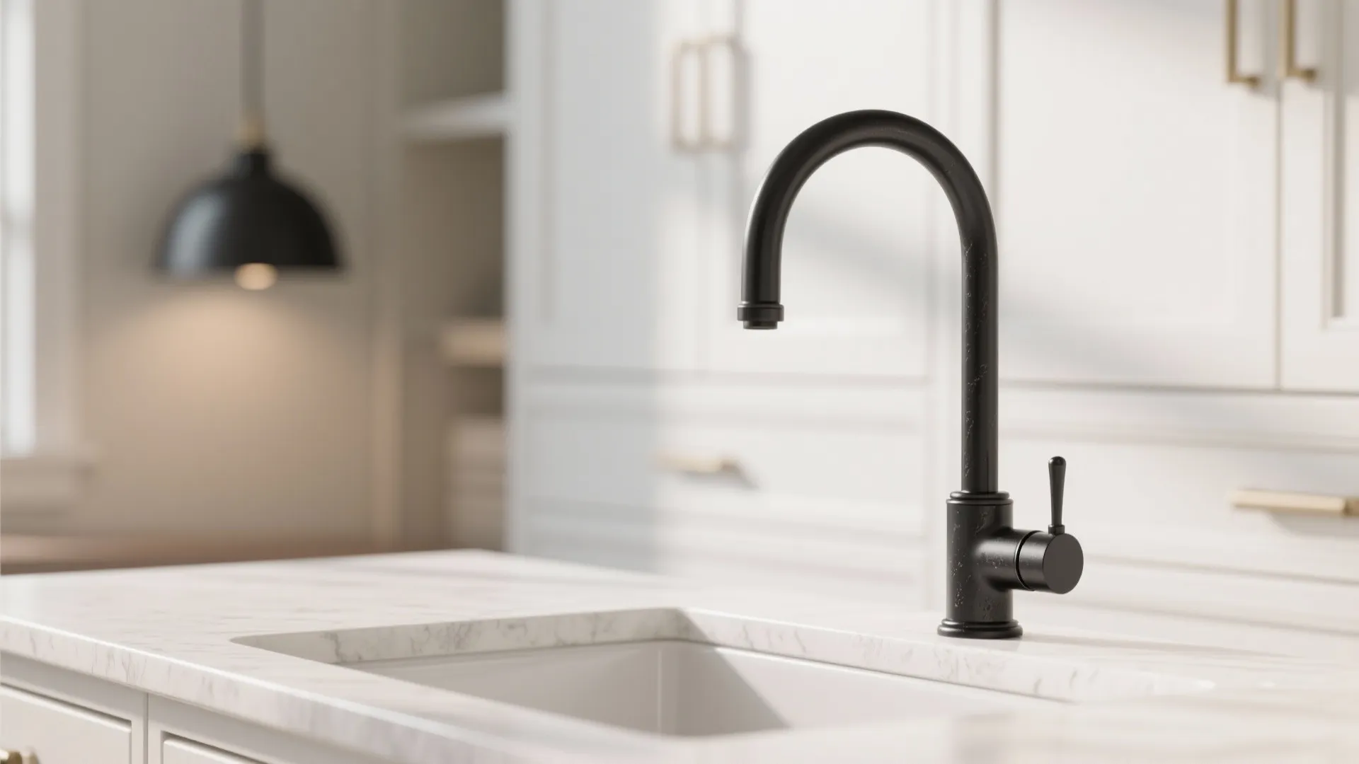 Modern black kitchen faucet on white marble countertop with white sink and white cabinets background