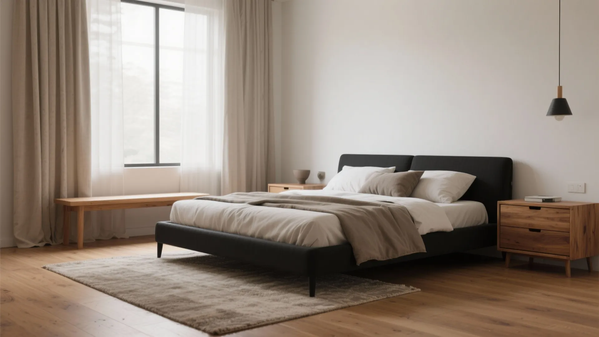 1. Contrast with warm wood and soft linens