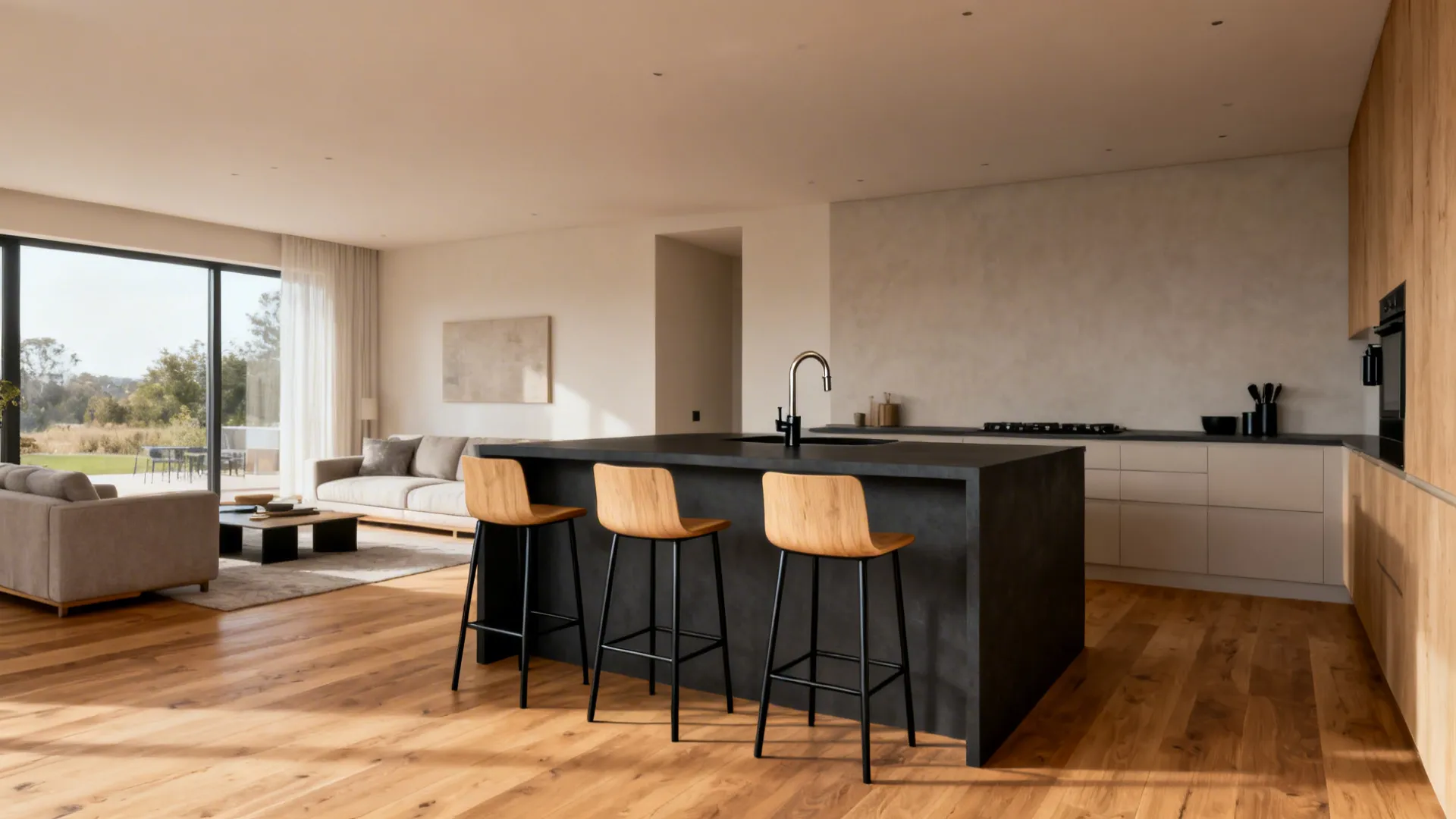 Light oak stools at a dark island define zones in a small open-plan kitchen.