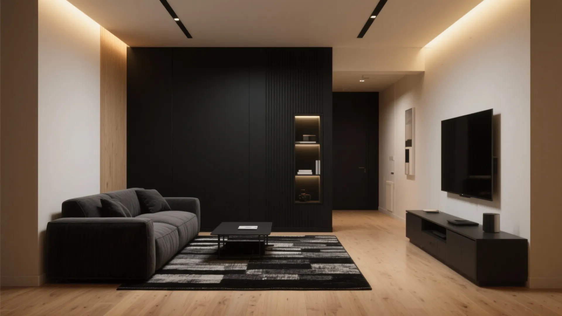 Modern dark living room with grey sofa black wall television wooden floor and black rug
