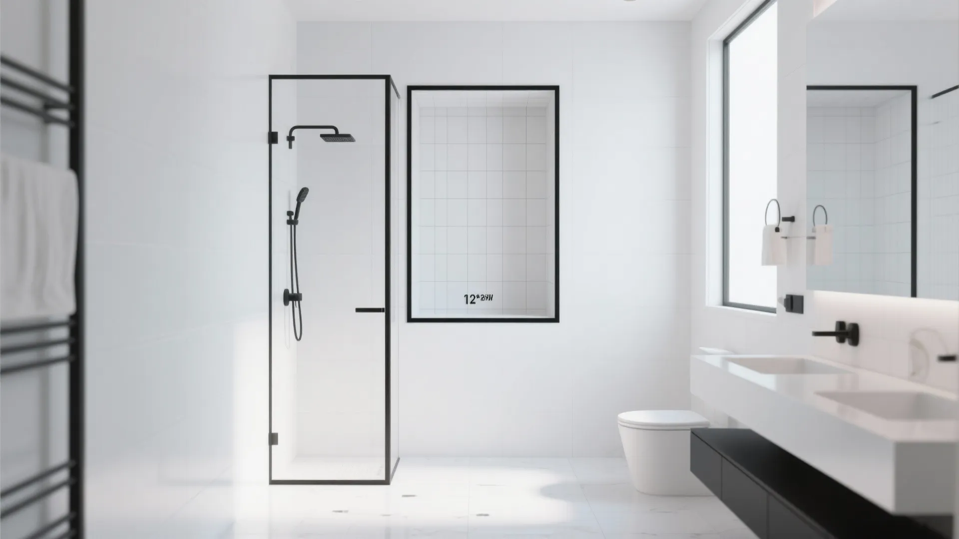 Modern white bathroom with black frame shower cabin toilet and double sink vanity with cabinet