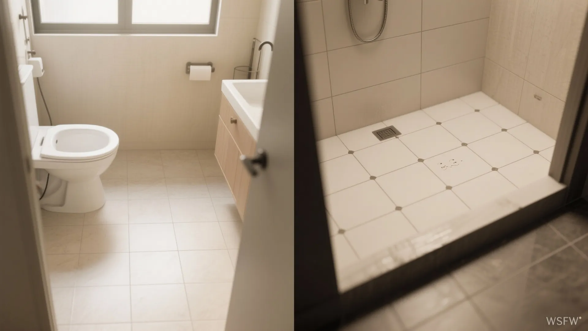 Side-by-side floors: tonal border defining the shower zone with slightly wider grout joints for tactile feedback.