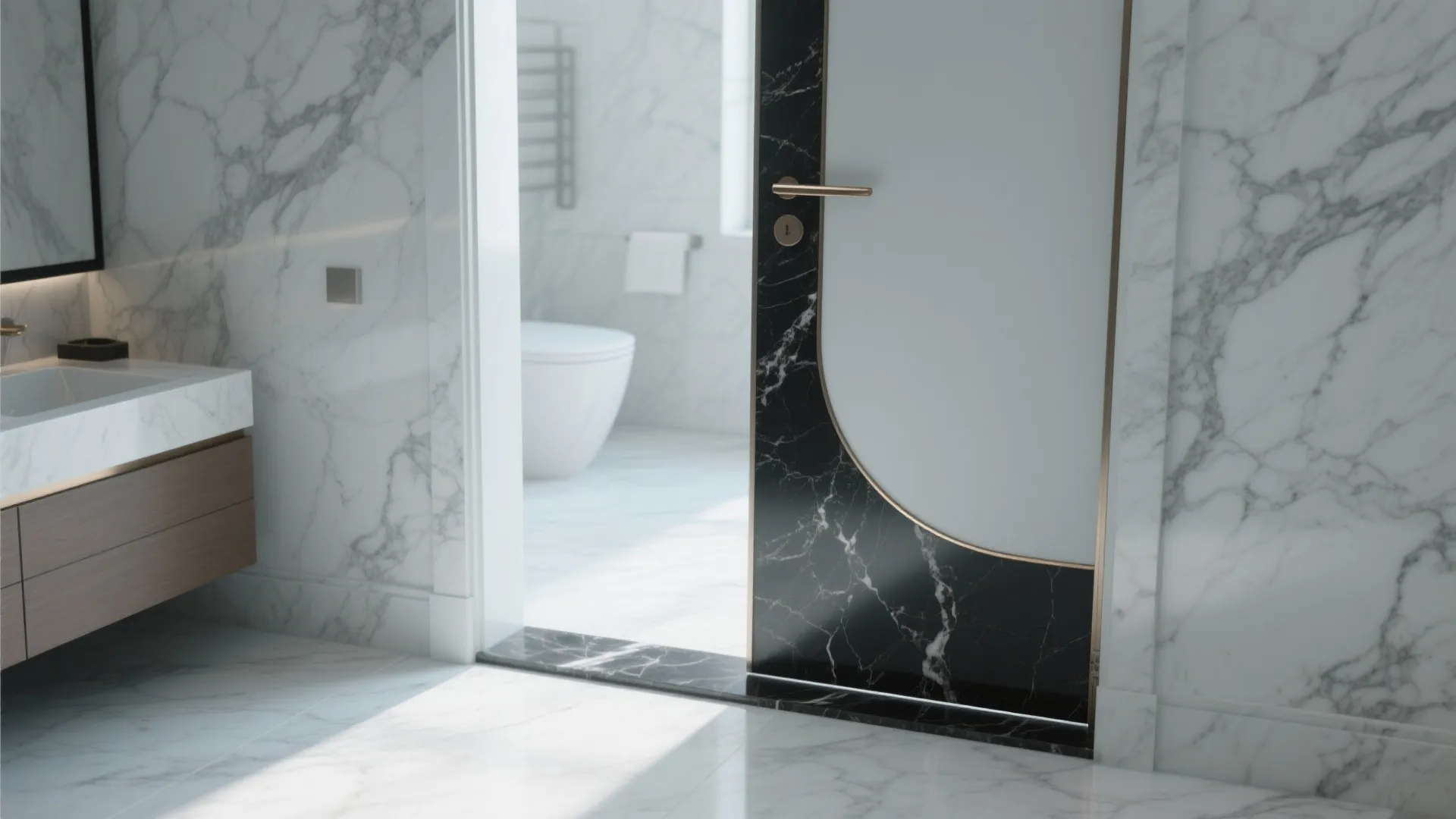 Bathroom doorway featuring white door with black marble curved accent gold handle and marble walls