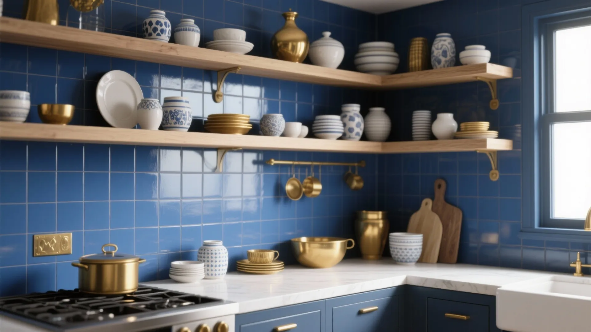 Modern blue kitchen with wood wall shelves, gold pots, white plates, and marble counter top