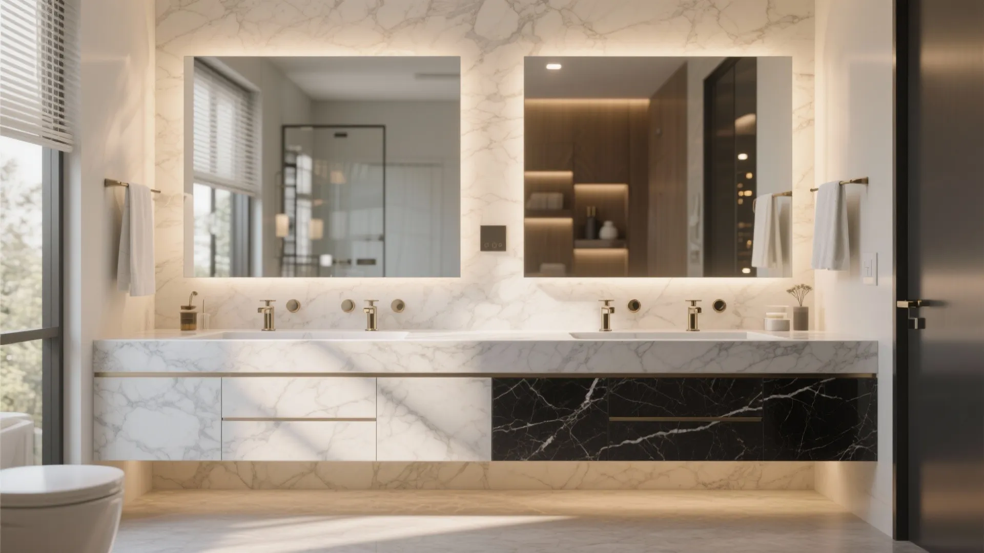 Large bathroom vanity featuring white and black marble cabinets under two glowing square wall mirrors
