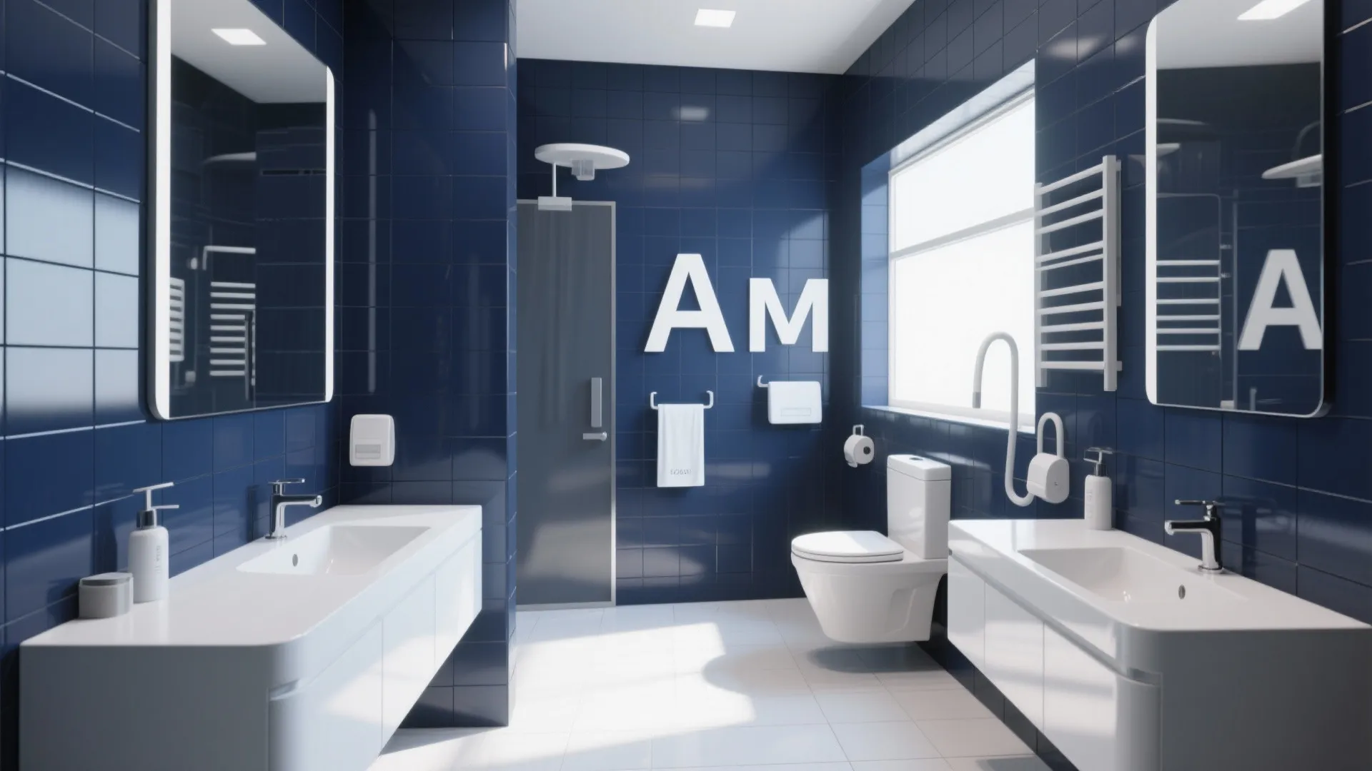 Modern blue tiled bathroom featuring white sinks toilet large mirrors and white towel accessories design