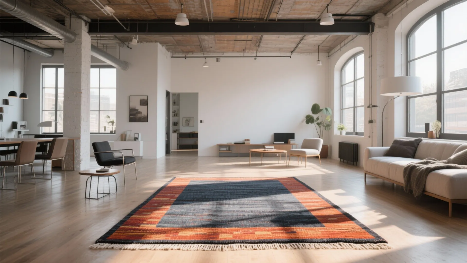 Open plan loft with bold bordered rug defining living space
