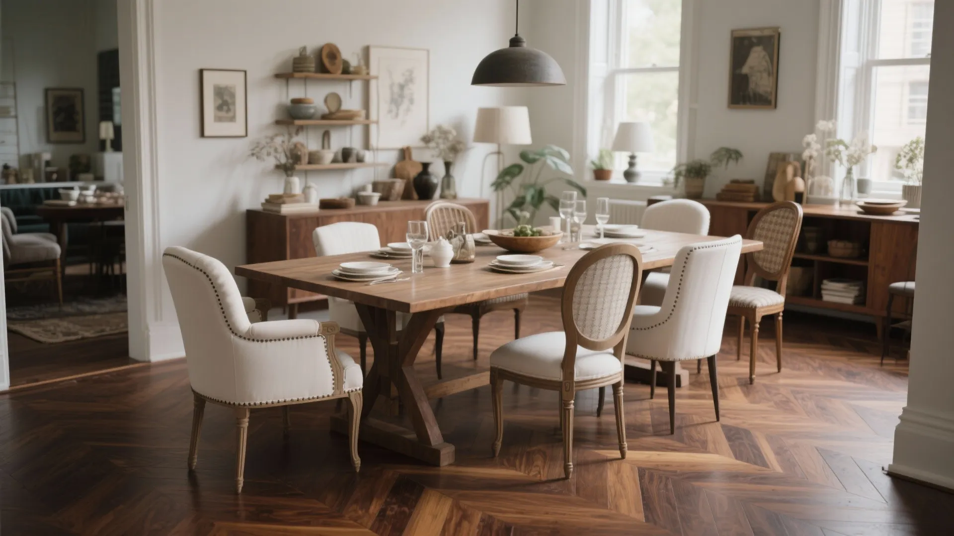 Bright dining room featuring wooden table, white upholstered chairs, wood flooring, and black light fixture