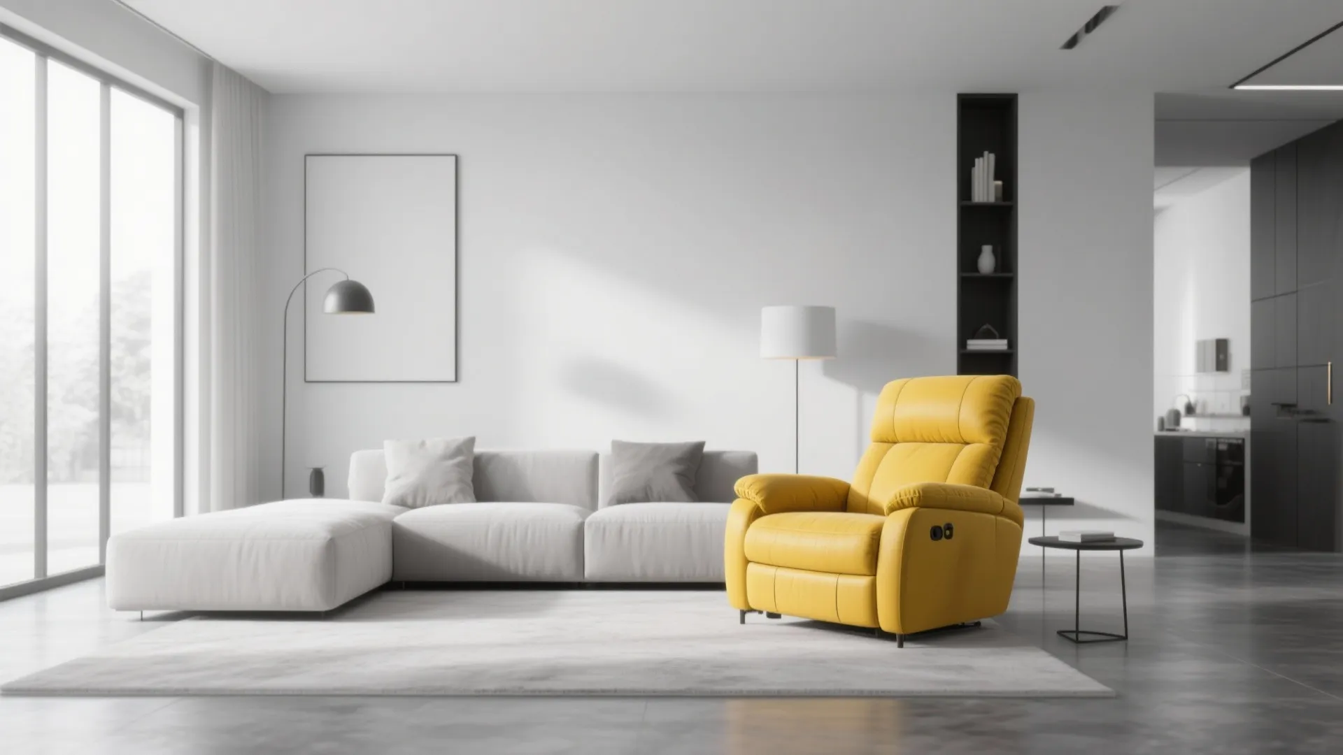 Mustard yellow recliner in a monochrome modern living room