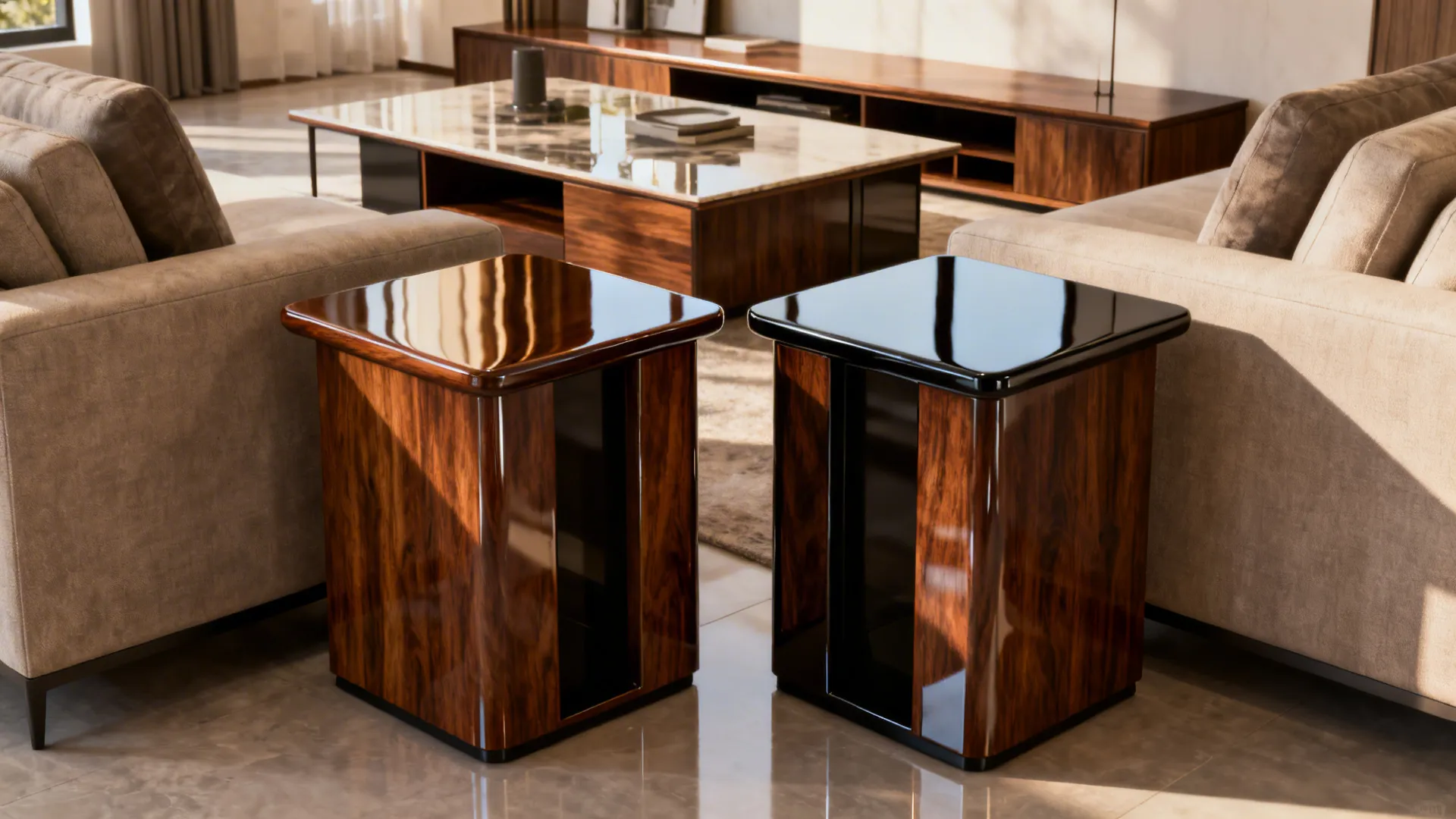 Matching end table pair in walnut and lacquer finishes flanking a sofa for a cohesive yet varied look