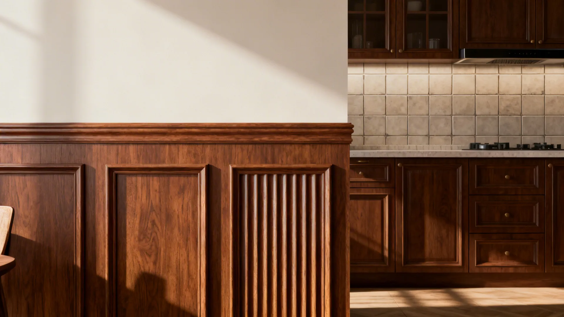 Half wall with fluted wood on dining side and tiled kitchen-facing side showing contrasting finishes.