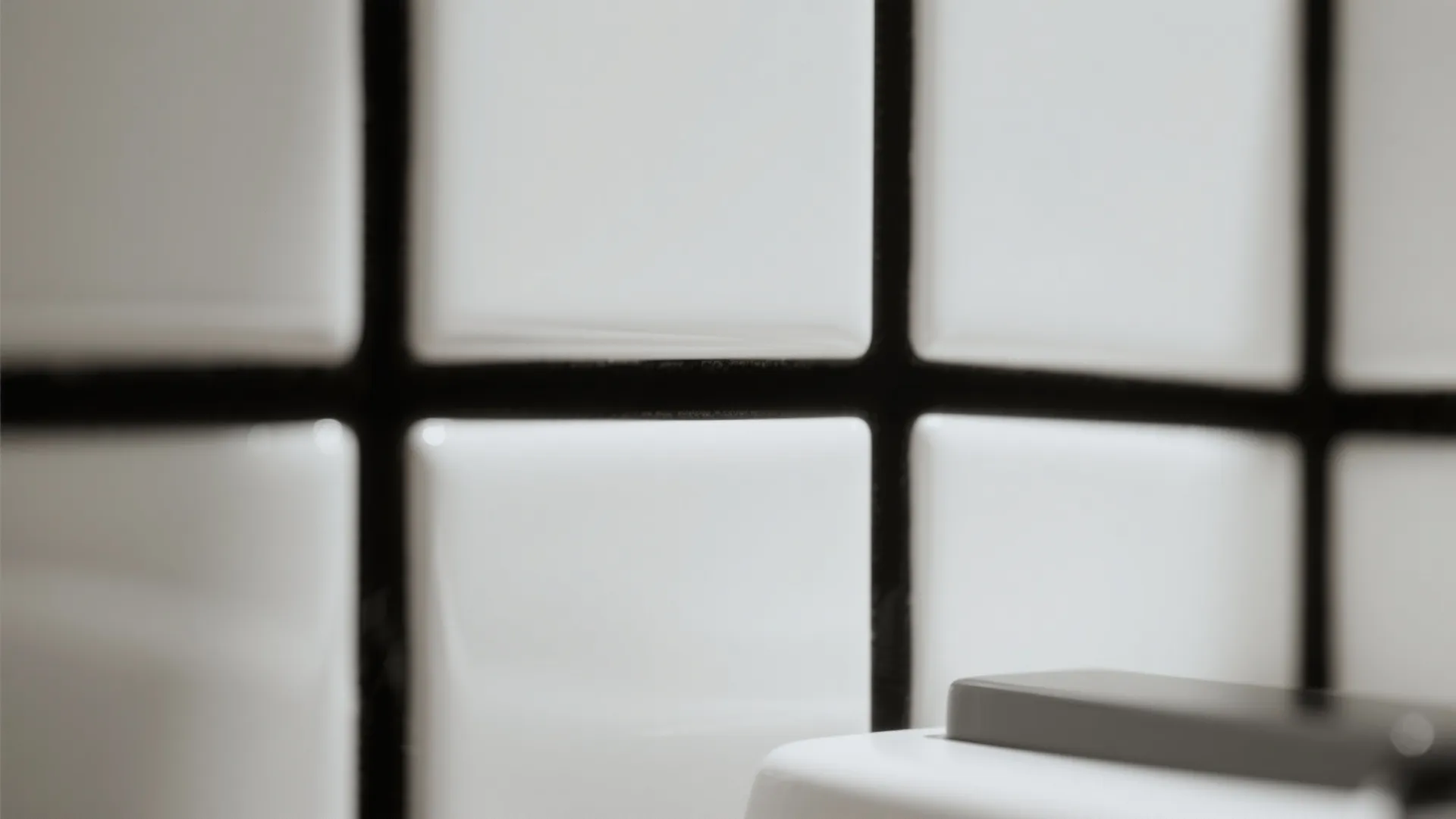 Close up view of white square bathroom wall tiles with thick black grout lines detail