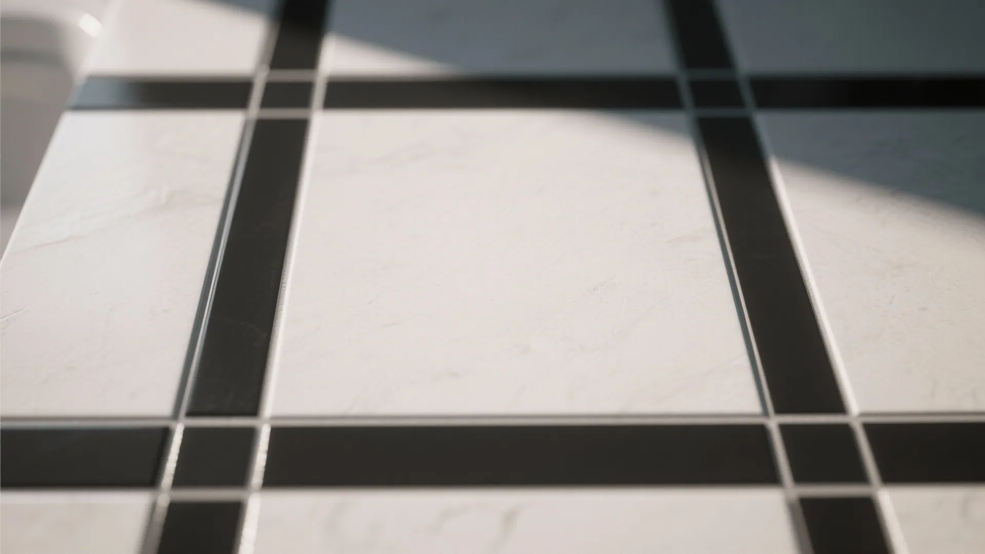 Close-up of light 12x24 tiles with dark grout lines