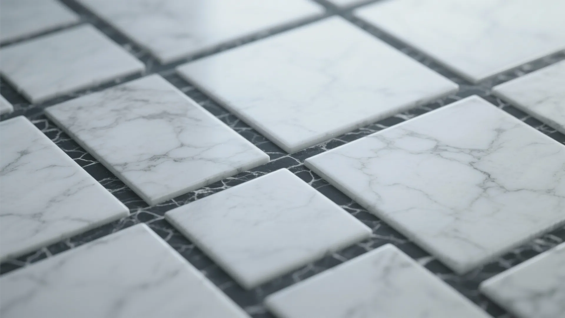 Close-up of white marble tiles with dark charcoal grout highlighting tile pattern.