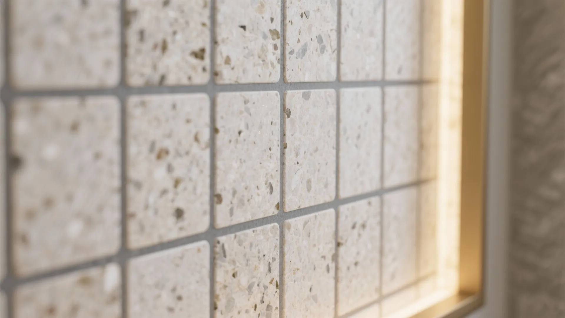 Close-up of pale granite tiles with mid-gray grout creating a subtle, crafted grid.