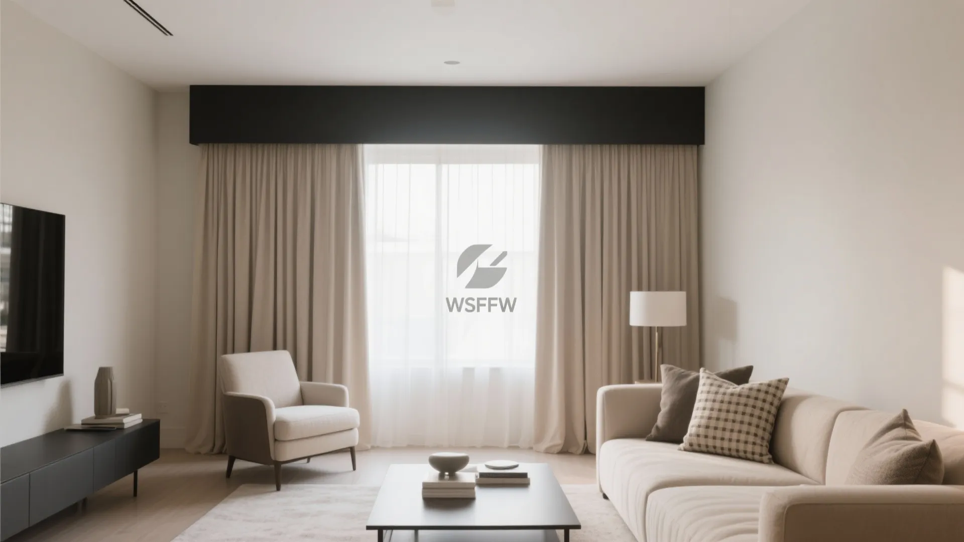 Pleated drapes with a contrasting header in a modern living room