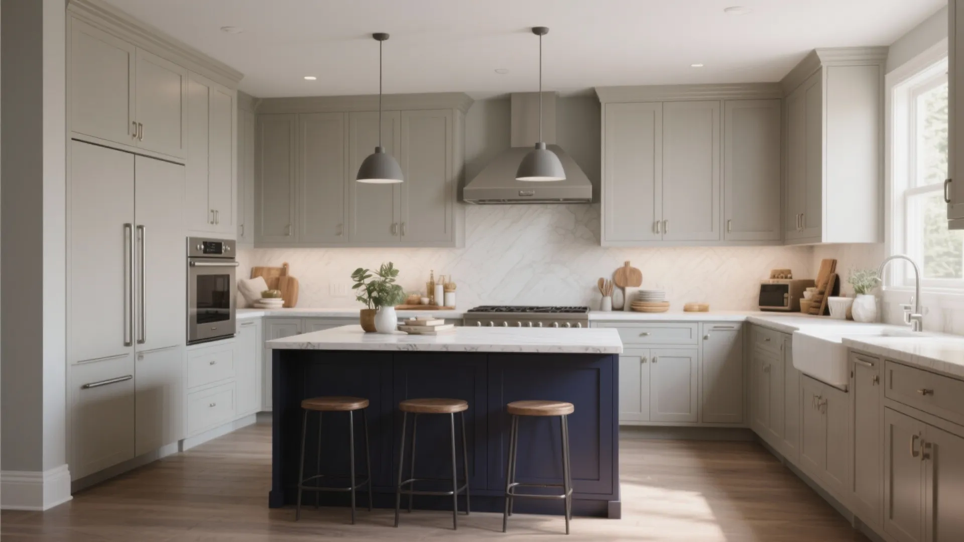 Modern kitchen with grey cabinets navy blue island marble countertop wooden stools and two ceiling lights