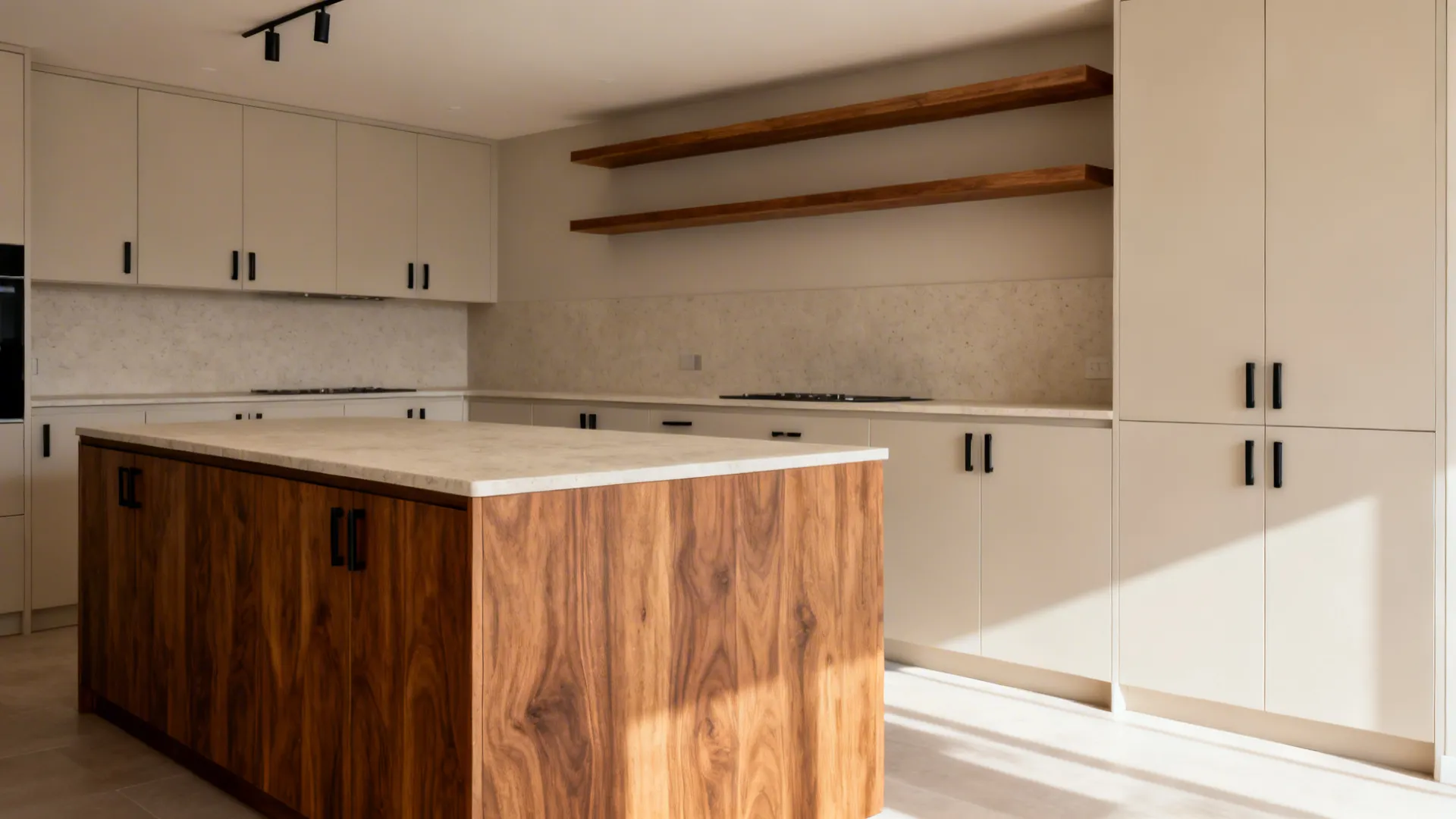 Neutral kitchen with a warm wood island providing gentle contrast.