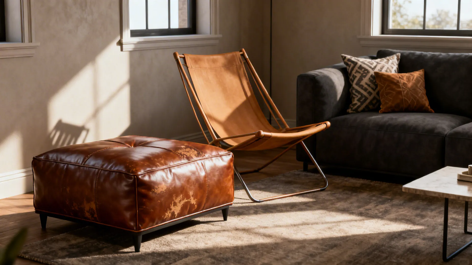 Cognac ottoman and tan sling chair contrasting with a dark grey sofa in a small living room.
