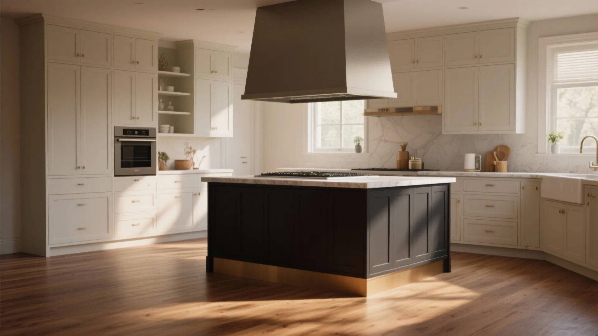 Large modern kitchen with white cabinets, wood flooring, and a dark island with gold base