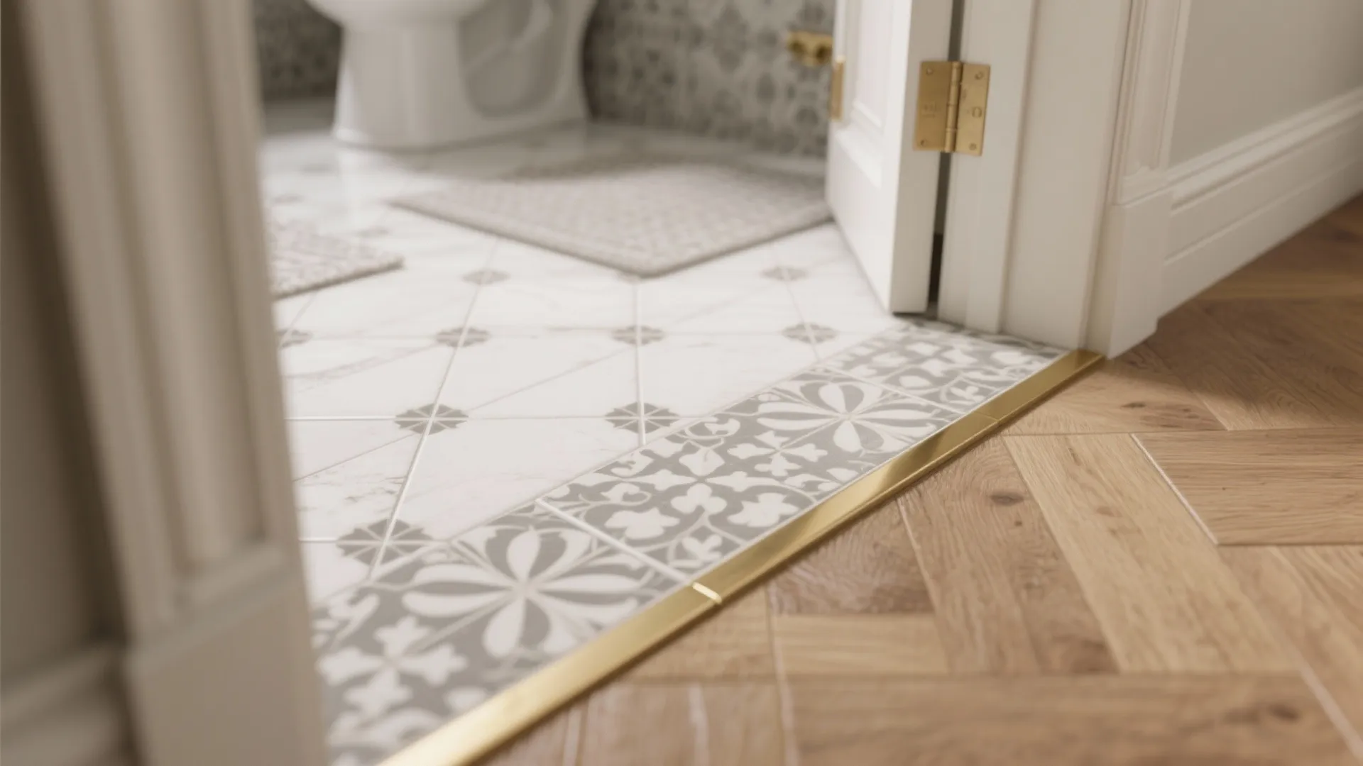 Gold metal strip separating light wood flooring from decorative patterned tiles near an open door