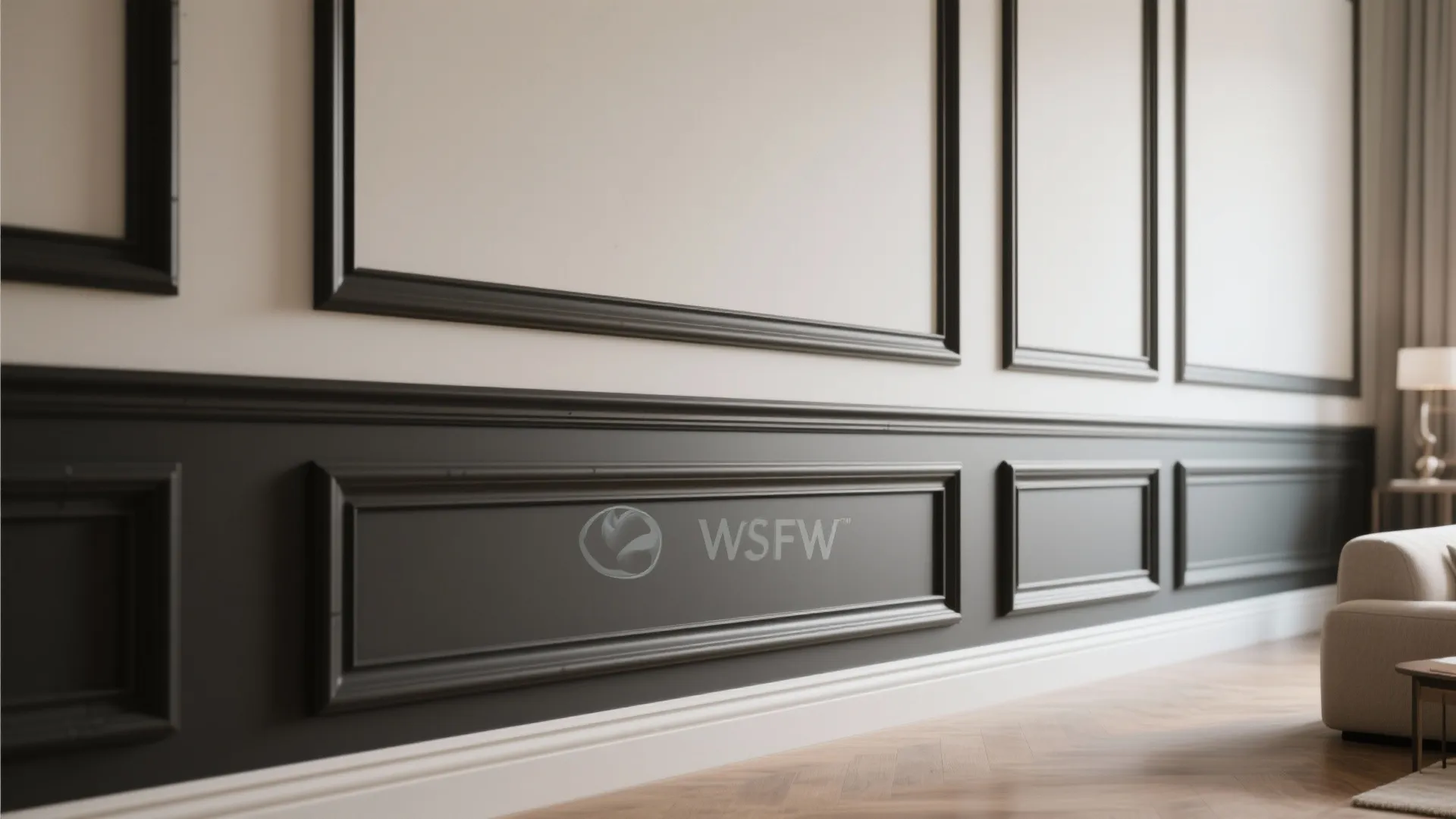 Dark trim contrasts against light walls in an open space