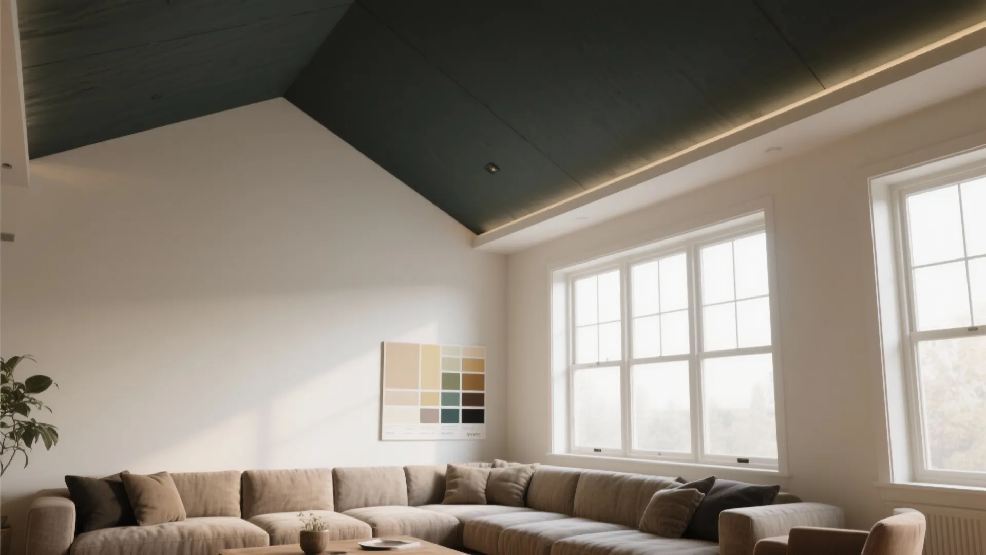 Minimalist living room featuring dark grey slanted ceiling white walls large windows and beige sofa