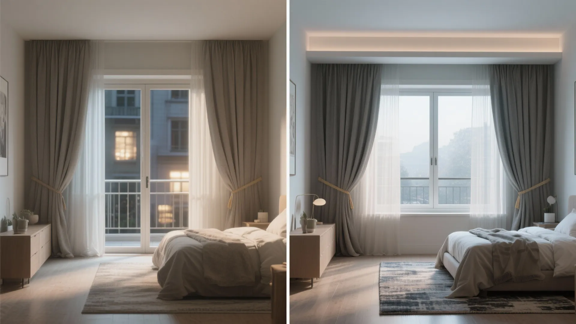 Side-by-side comparison of two bedroom lighting designs featuring warm evening light and bright morning daylight