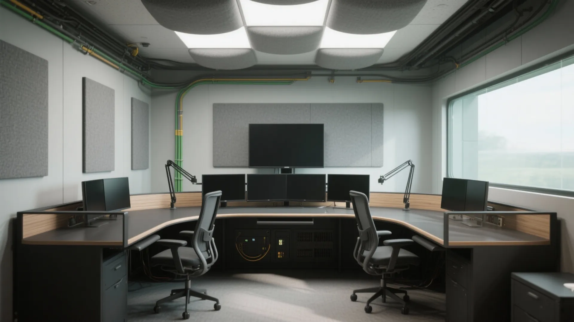 Symmetrical room layout with two desks multiple computer monitors acoustic wall panels and large window