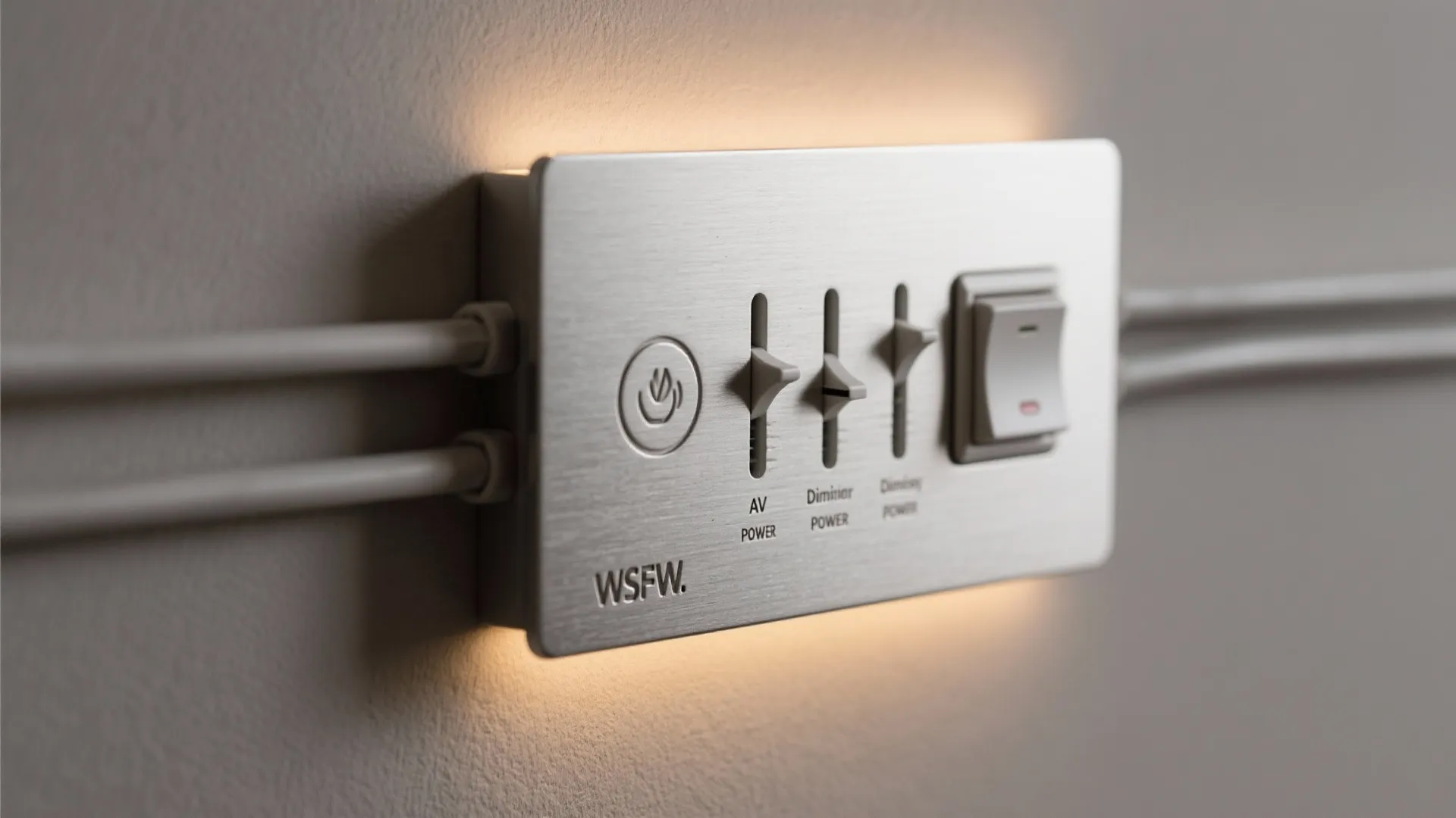 Metal light switch plate with dimming sliders and power buttons mounted on a grey wall