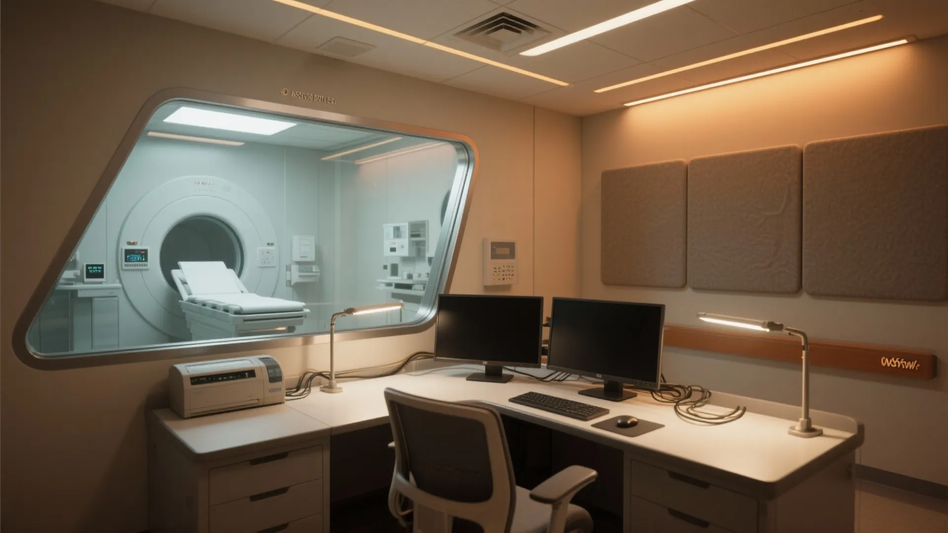 Control room desk with monitors looking through window at medical scanner and white hospital bed