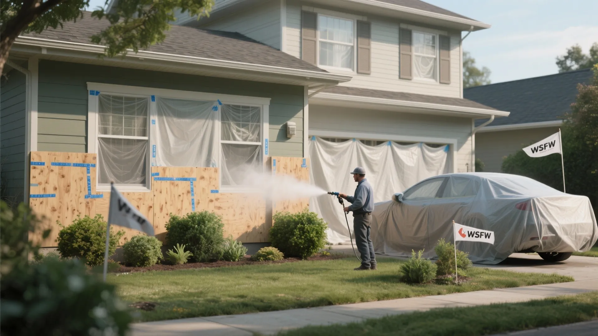 House exterior showing plants and a car protected with breathable covers, plywood shields and masked windows during spraying.
