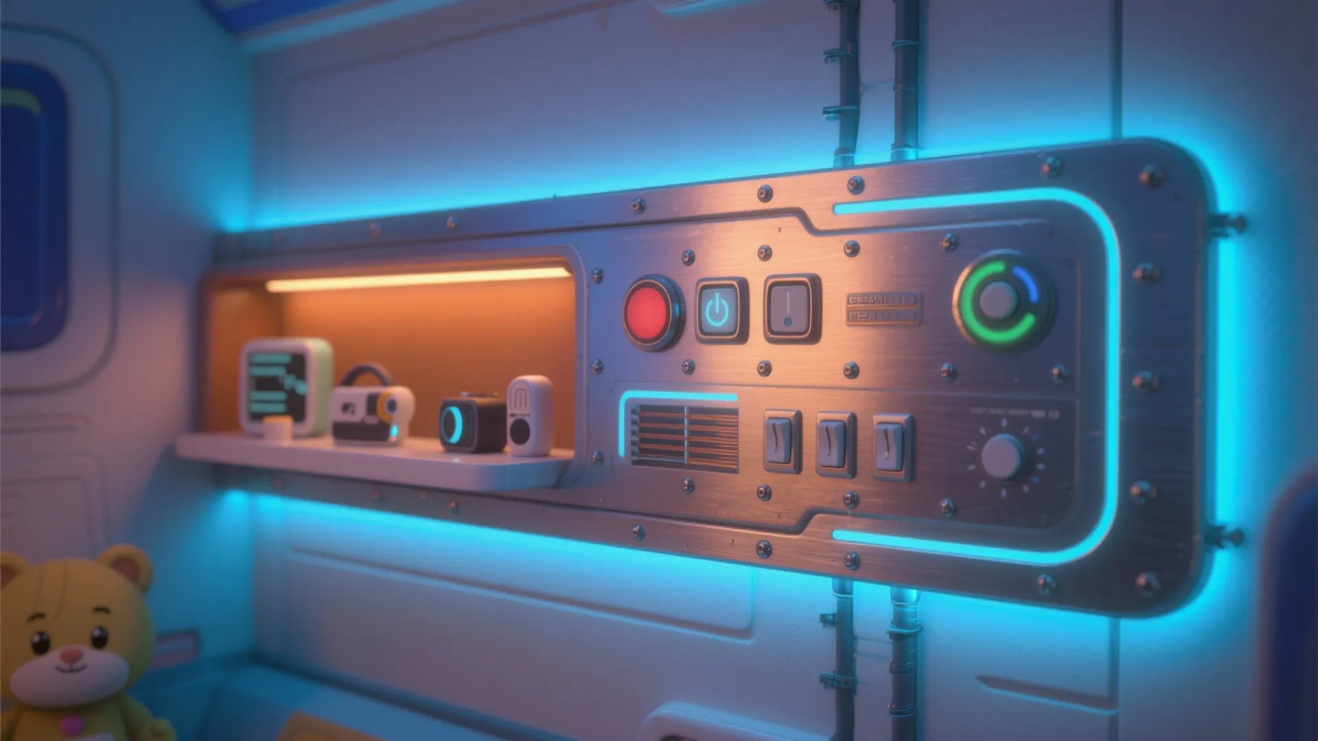 Slim wall-mounted control panel with adjustable LED mood lighting and small gadget shelf.