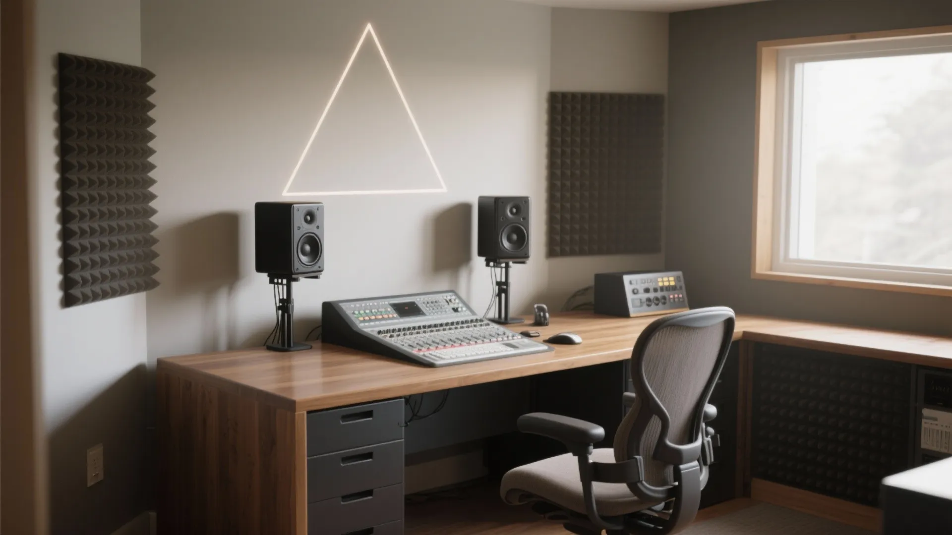 Music studio room with wooden desk mixing console black speakers grey chair and triangle decoration