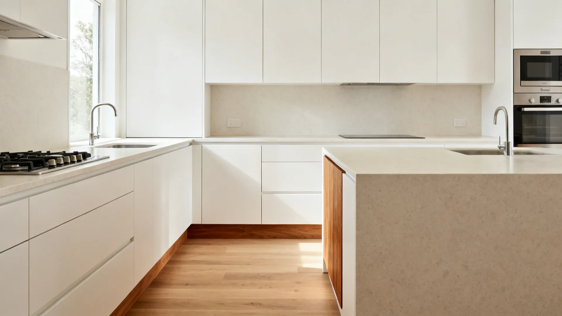 Minimal kitchen with limited oak accents and white cabinets for a warm, airy look.
