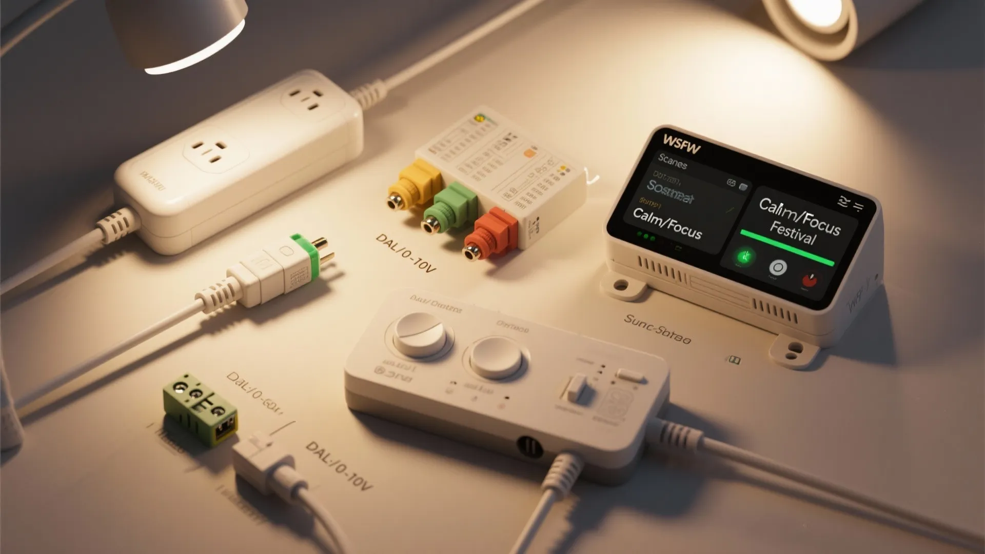 Flat lay of temple lighting controls and safety gear including dimmers, drivers, surge protection, and connectors.