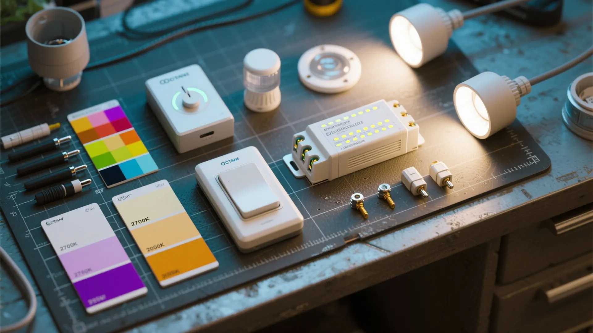 Smart home light switch with color cards and small light bulbs on a grey work desk
