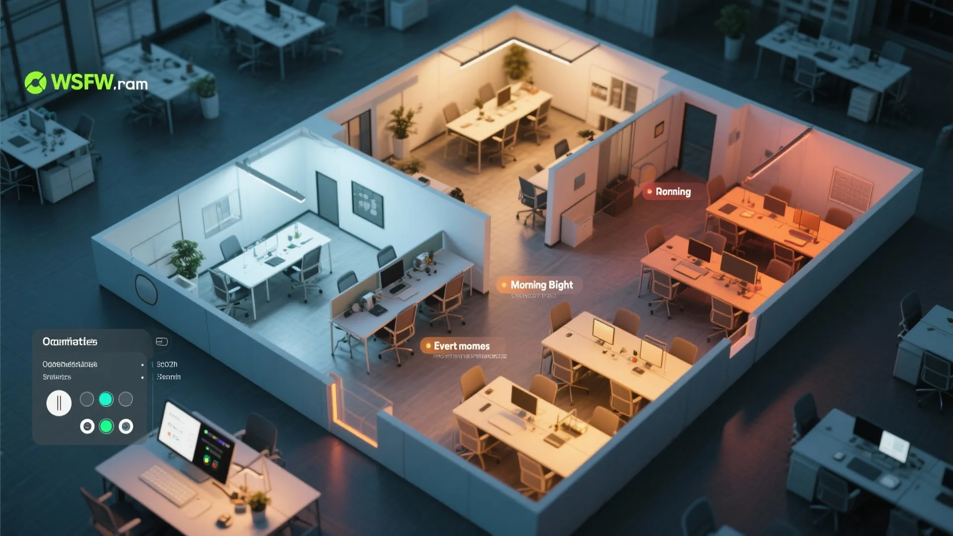 Top-down coworking floor plan with lighting zones and a control panel showing presets.