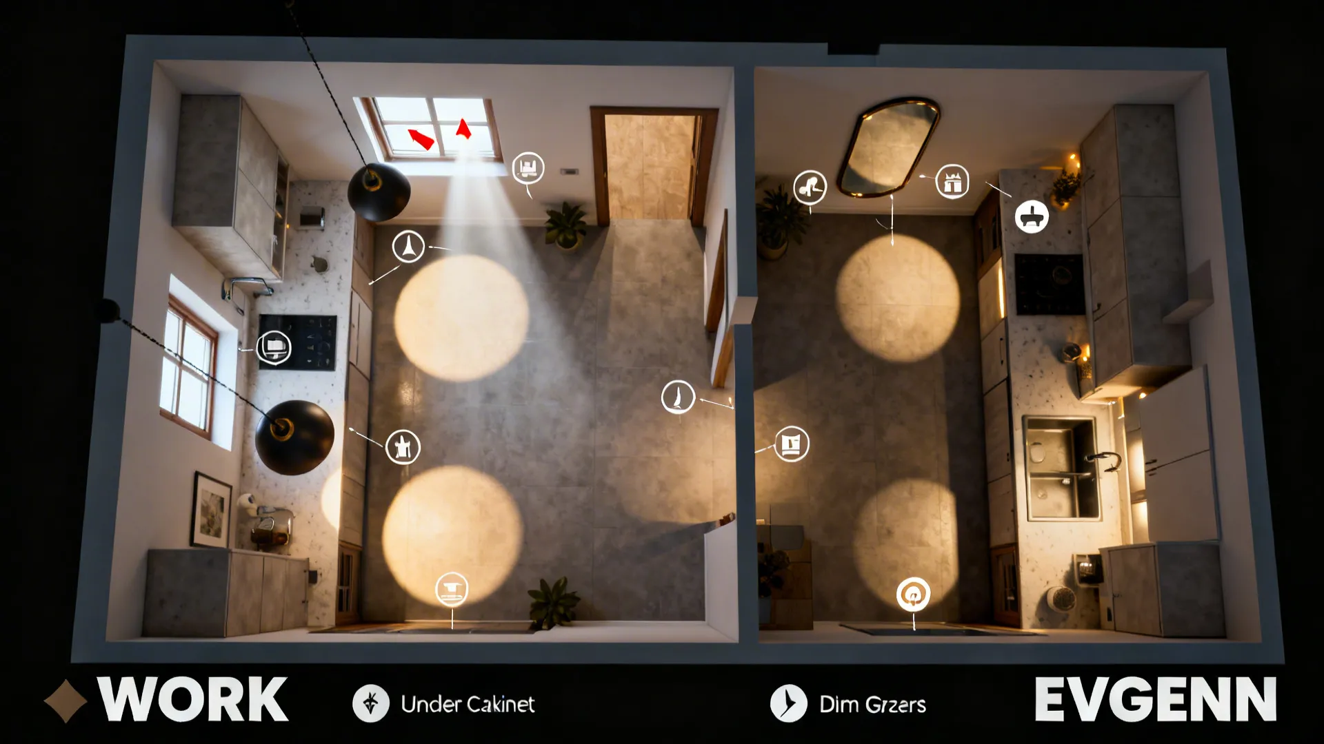 Top-down plan visualizing work and evening lighting scenes with separate circuits and daylight bounce.